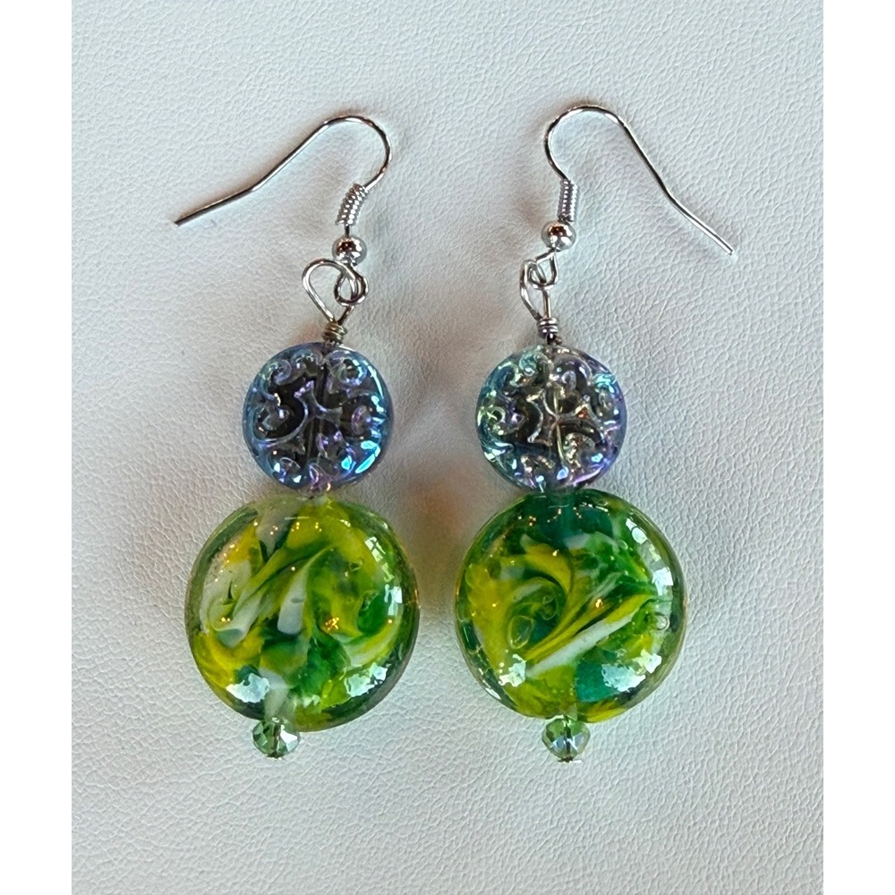 Handmade Art Glass Earrings Green Swirl Lampwork Iridescent Beaded Dangle